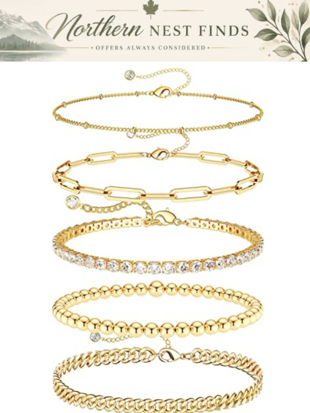 14K Gold Plated Bracelet Set 5pc Tennis Cuban Link Beaded Dainty Gift for Women